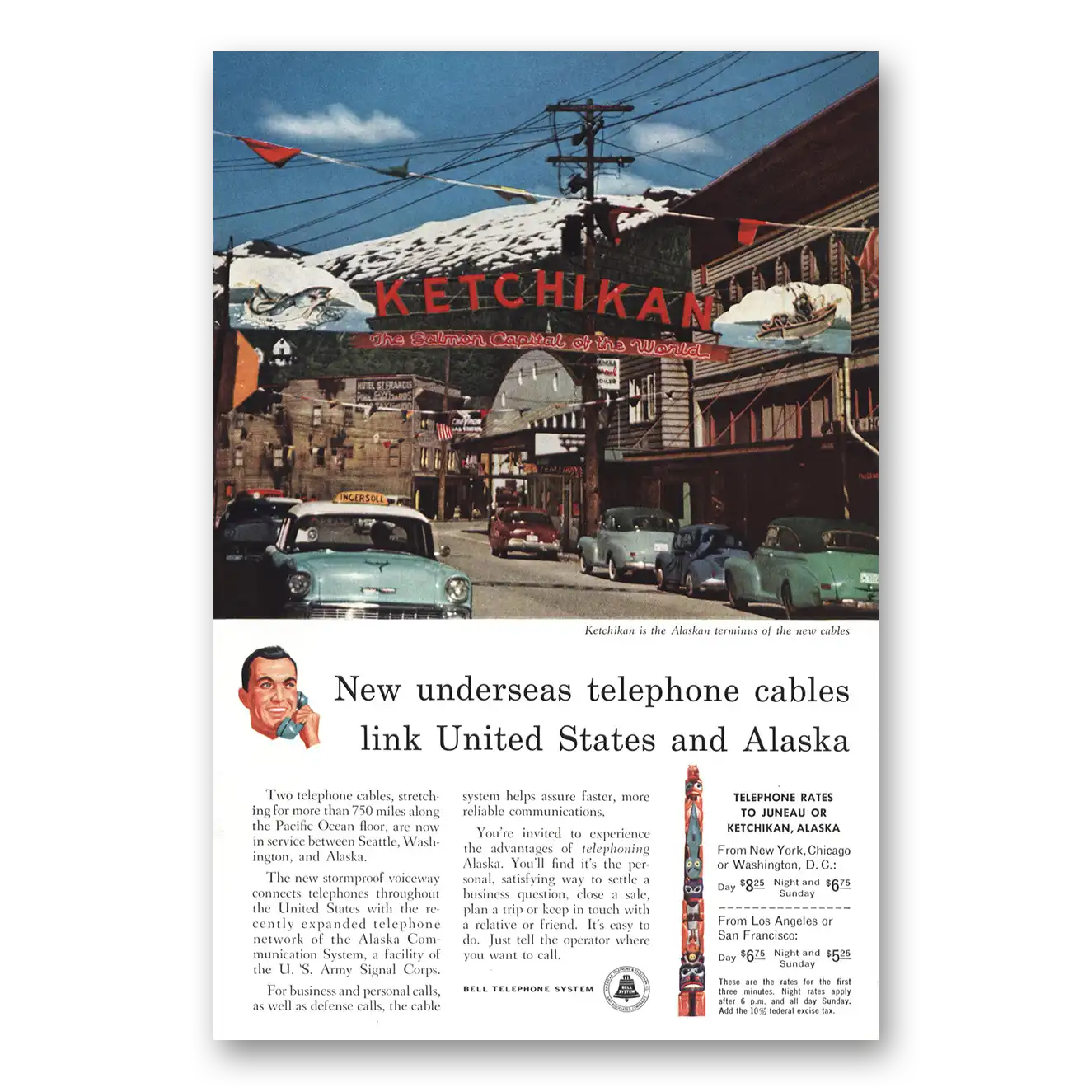 1957 Bell Telephone Ketchikan Underseas Cables Vintage Magazine Print Ad