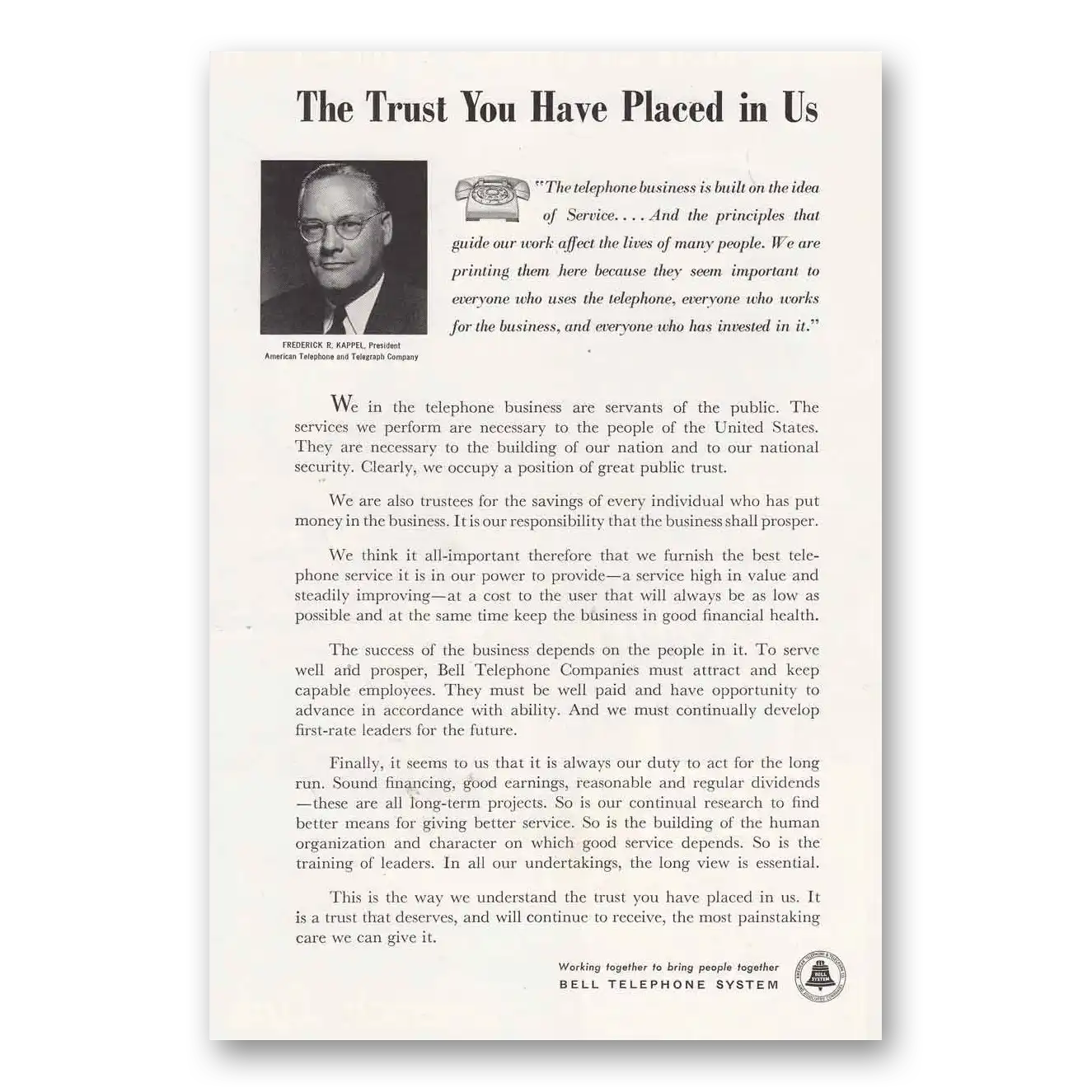 1957 Bell Telephone Trust You Have Placed In Us Vintage Magazine Print Ad