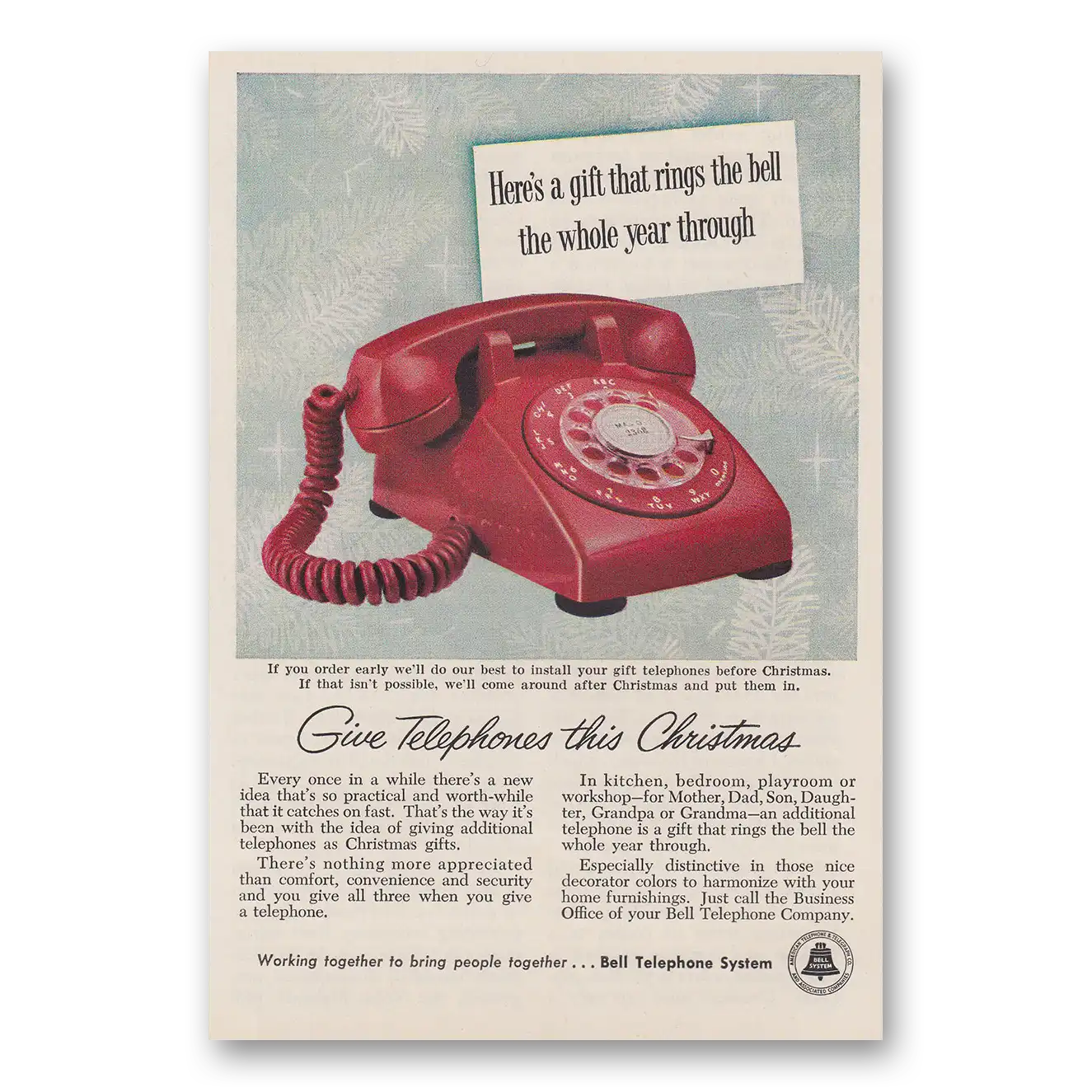 1957 Bell Telephone Give Telephones this Christmas Vintage Magazine Print Ad