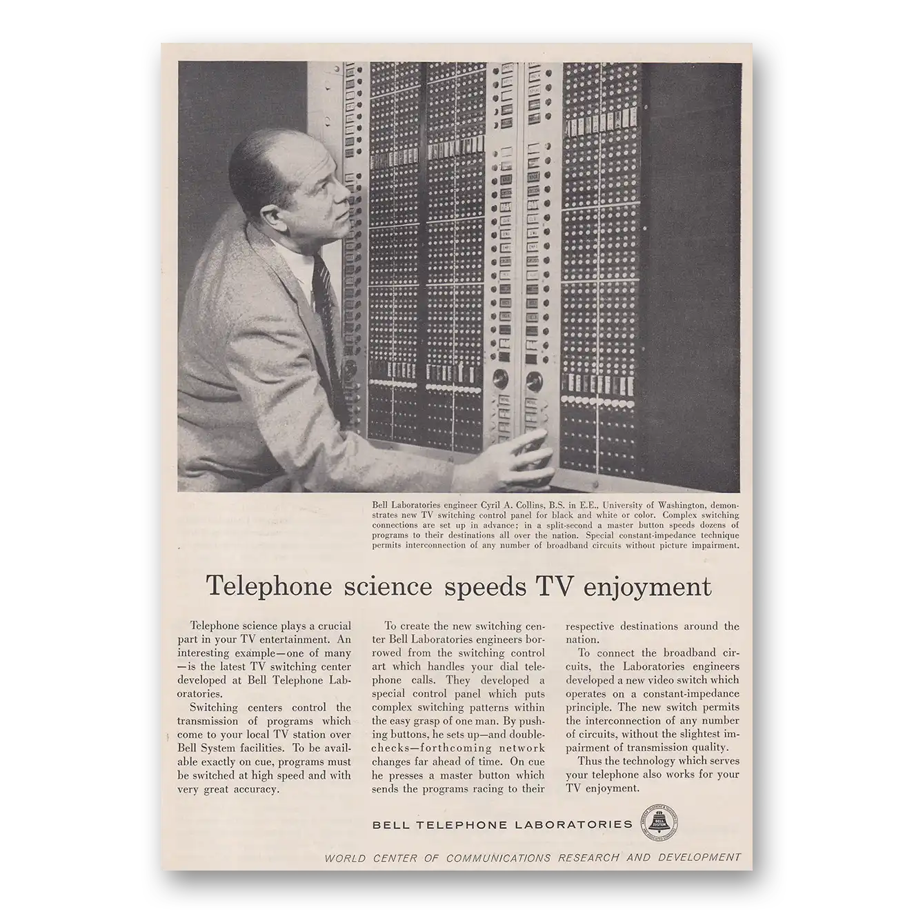 1957 Bell Telephone Science Speeds TV Enjoyment Vintage Magazine Print Ad