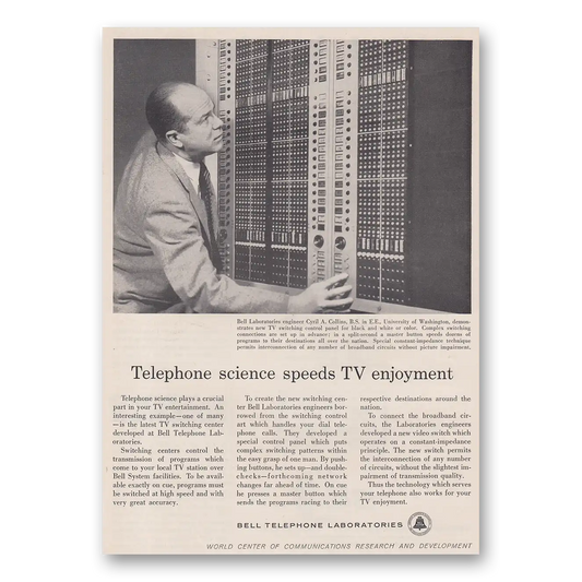 1957 Bell Telephone Science Speeds TV Enjoyment Vintage Magazine Print Ad