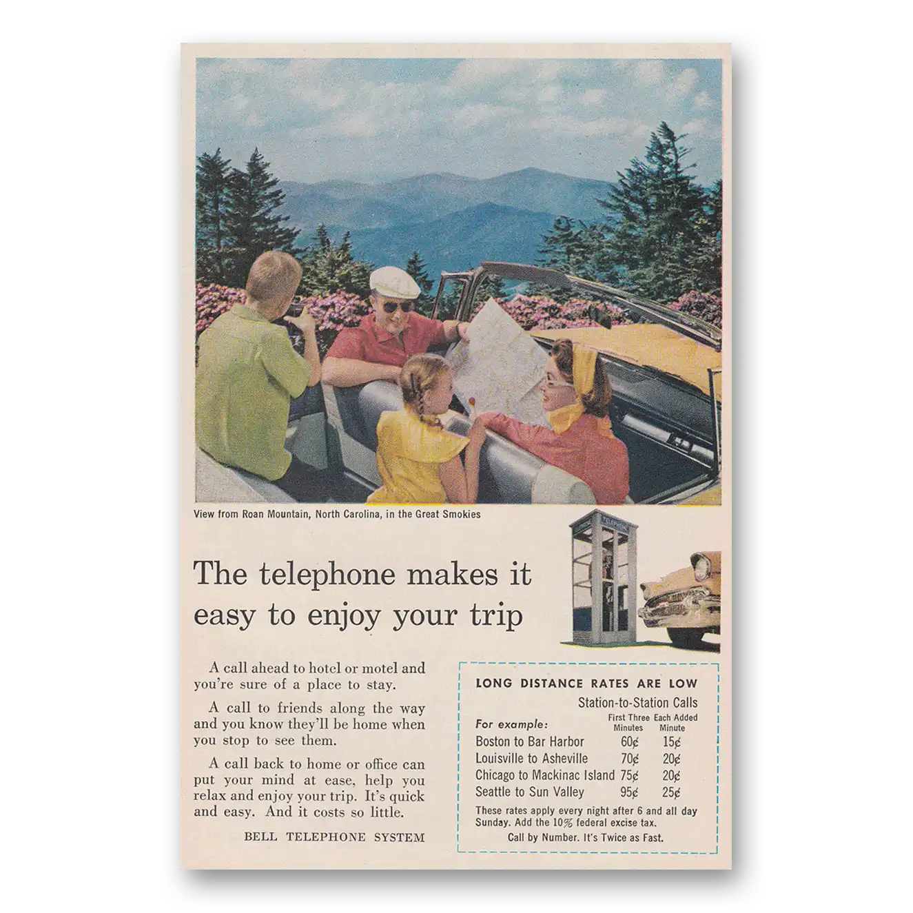 1957 Bell Telephone Makes It Easy to Enjoy Your Trip Vintage Magazine Print Ad