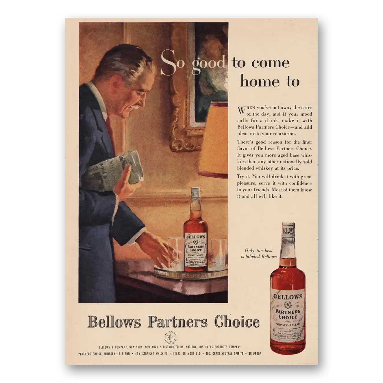 1957 Bellows Partners Choice So Good To Come Home To Vintage Magazine Print Ad