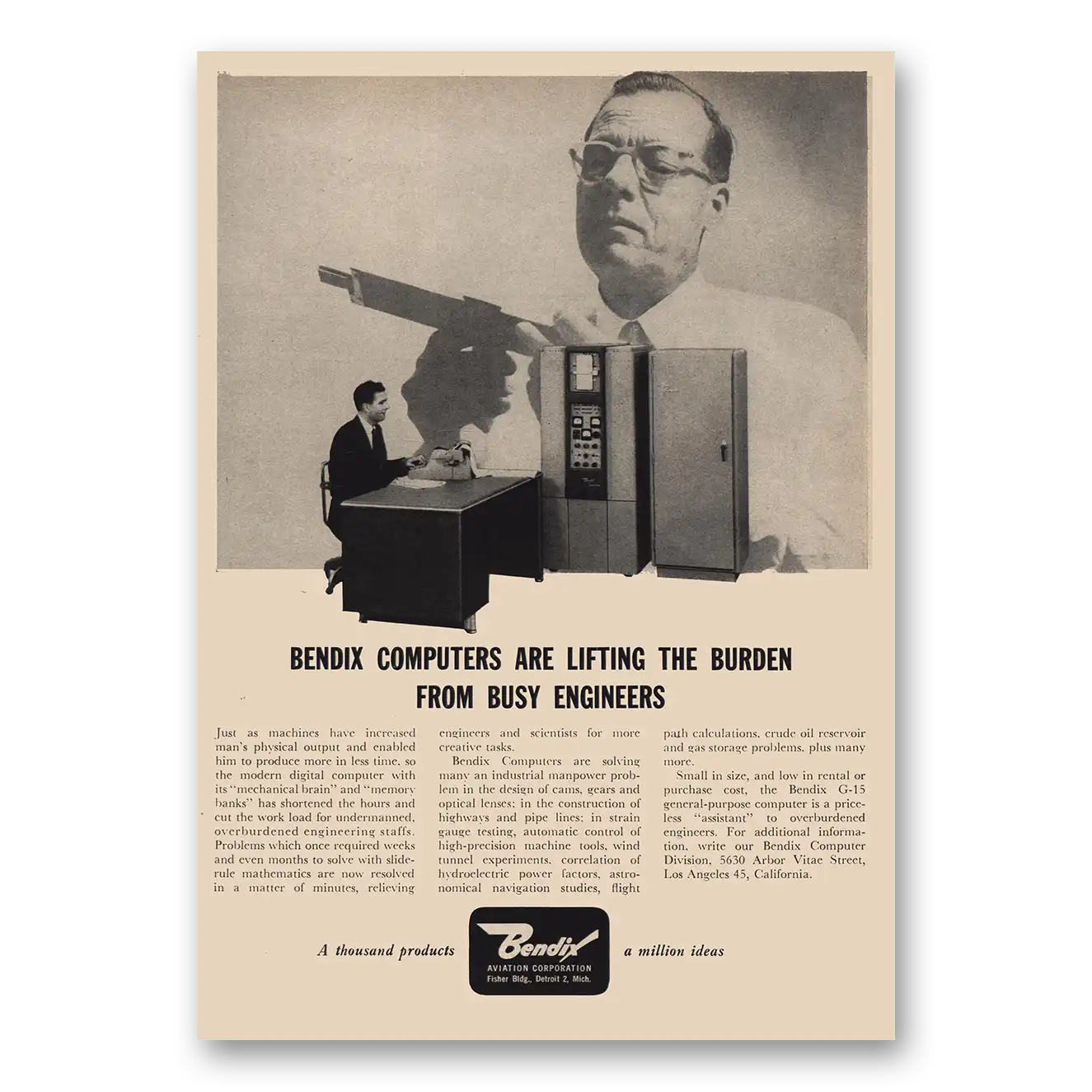 1957 Bendix Aviation Computers Lifting Burden Vintage Magazine Print Ad