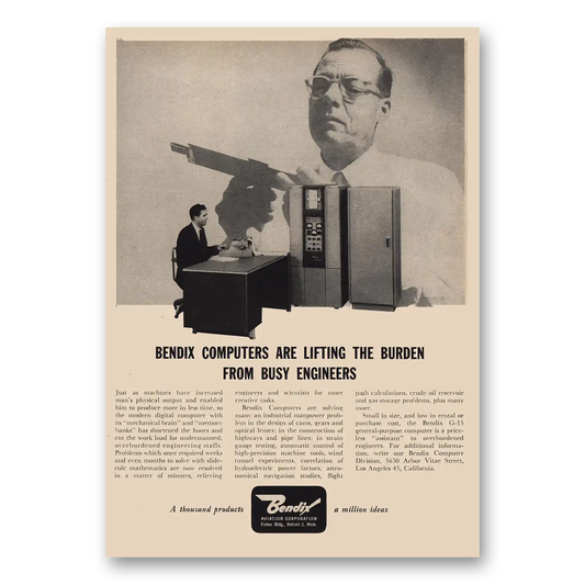1957 Bendix Aviation Computers Lifting Burden Vintage Magazine Print Ad