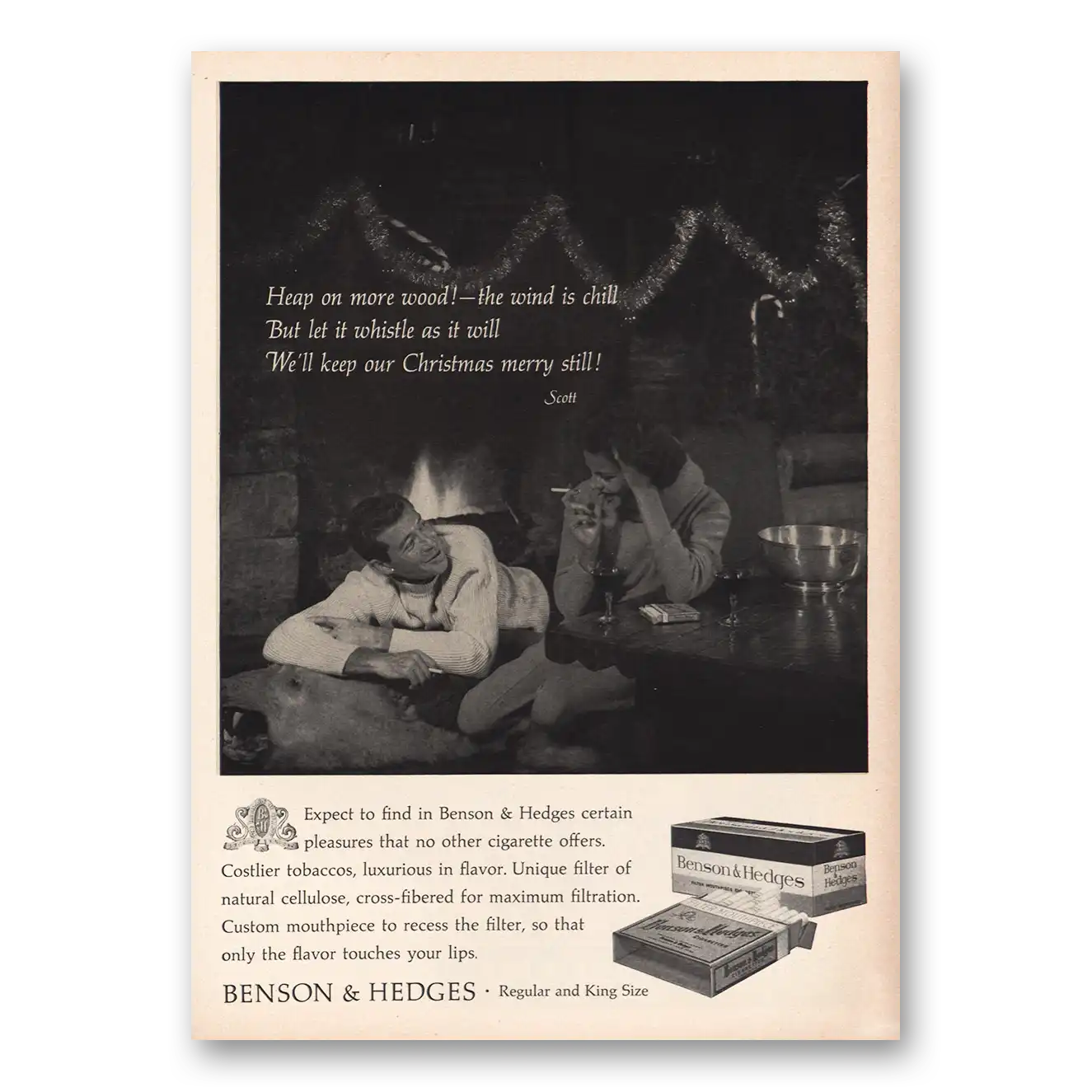 1957 Benson & Hedges Cigarettes Heap On More Wood Christmas Vintage Magazine Print Ad