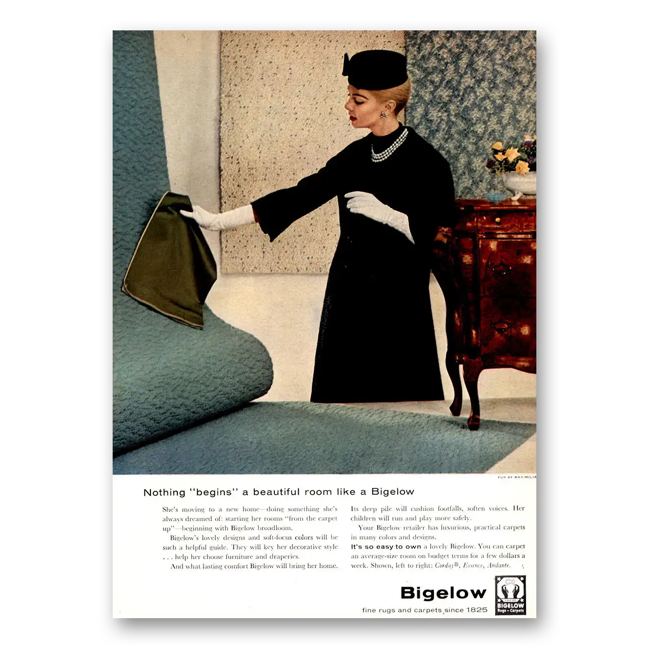 1957 Bigelow Carpet Nothing Begins a Beautiful Room Vintage Magazine Print Ad