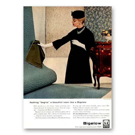 1957 Bigelow Carpet Nothing Begins a Beautiful Room Vintage Magazine Print Ad