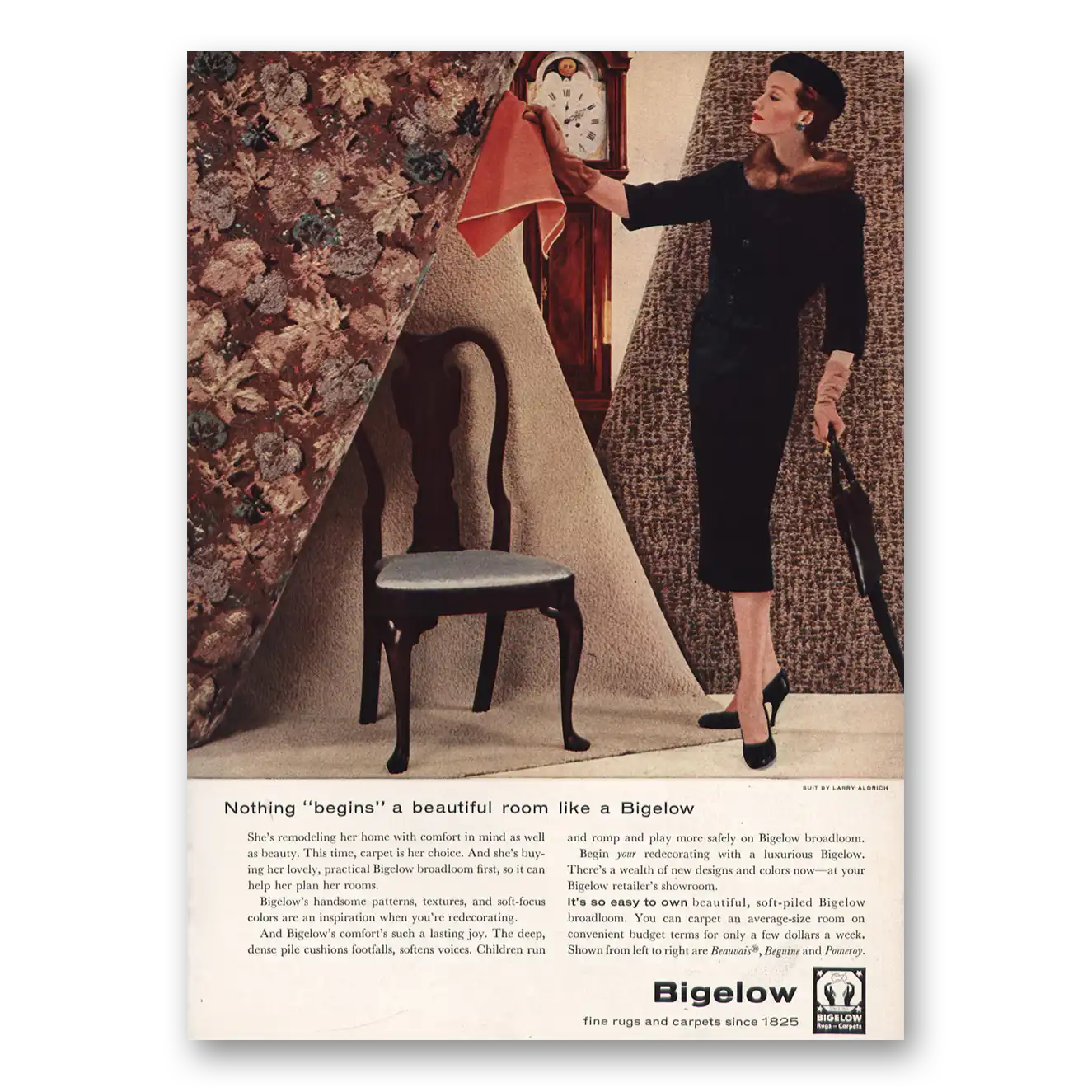 1957 Bigelow Carpet Nothing Begins a Beautiful Room Vintage Magazine Print Ad