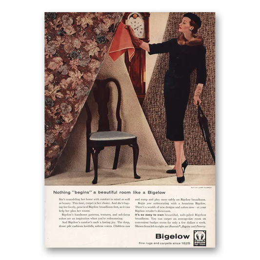 1957 Bigelow Carpet Nothing Begins a Beautiful Room Vintage Magazine Print Ad