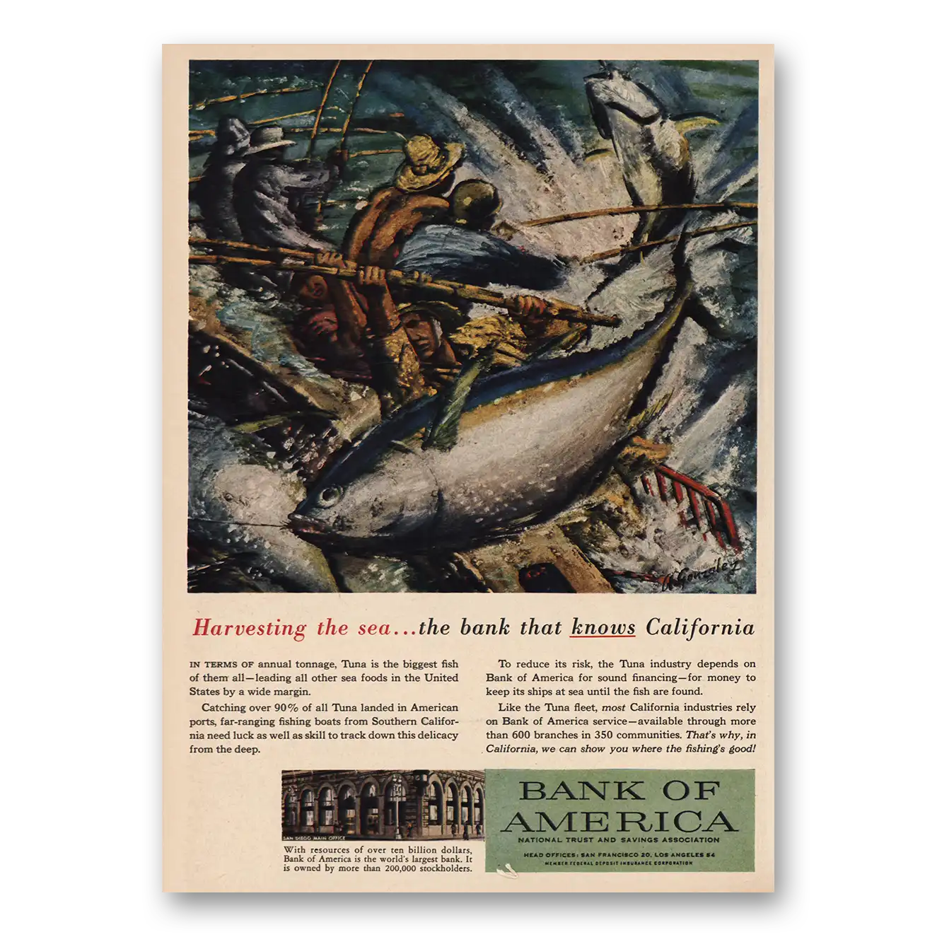 1957 Bank of America Harvesting the Sea California Vintage Magazine Print Ad