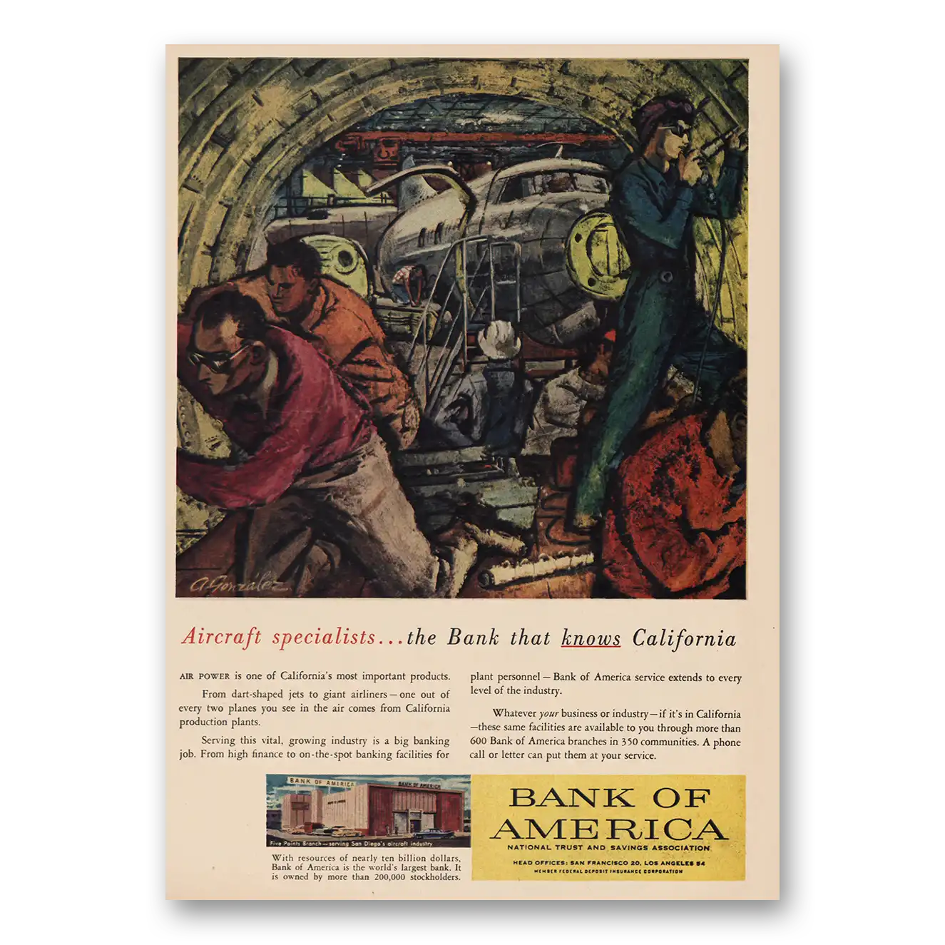 1957 Bank of America Aircraft Specialists Vintage Magazine Print Ad