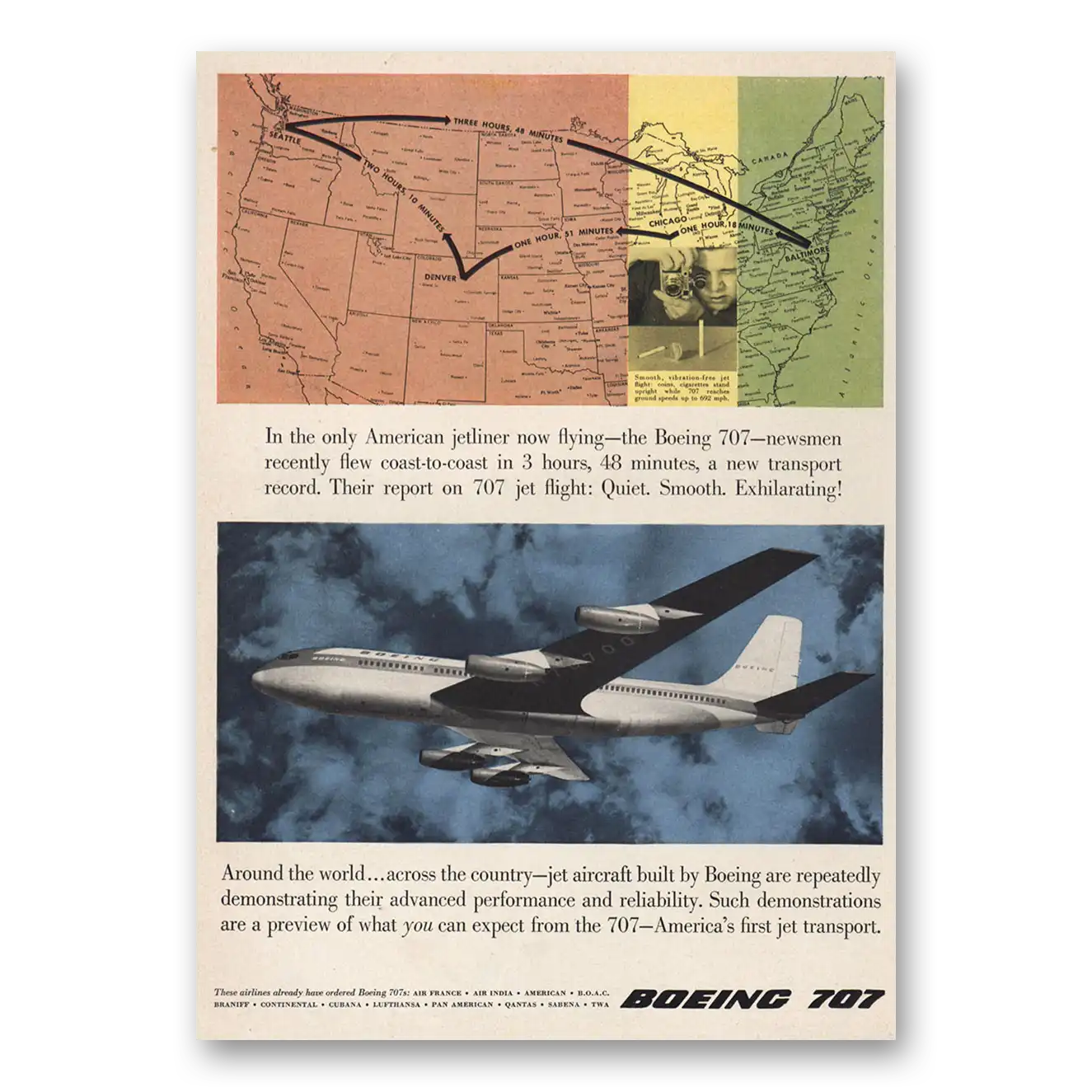 1957 Boeing 707 Only American Jetliner Now Flying Vintage Magazine Print Ad