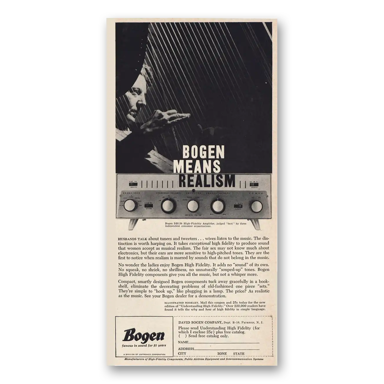 1957 Bogen High Fidelity High Fidelity Means Realism Vintage Magazine Print Ad