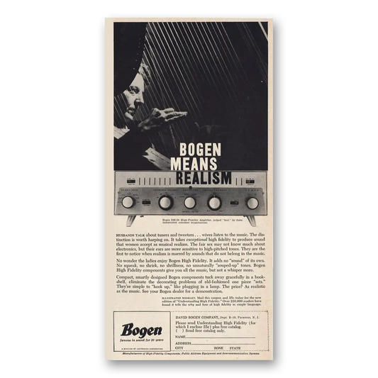 1957 Bogen High Fidelity High Fidelity Means Realism Vintage Magazine Print Ad