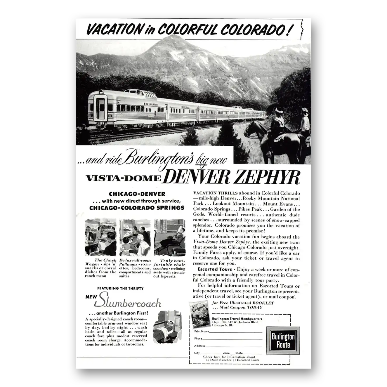 1957 Burlington Route Denver Zephyr Colorado Vintage Magazine Print Ad