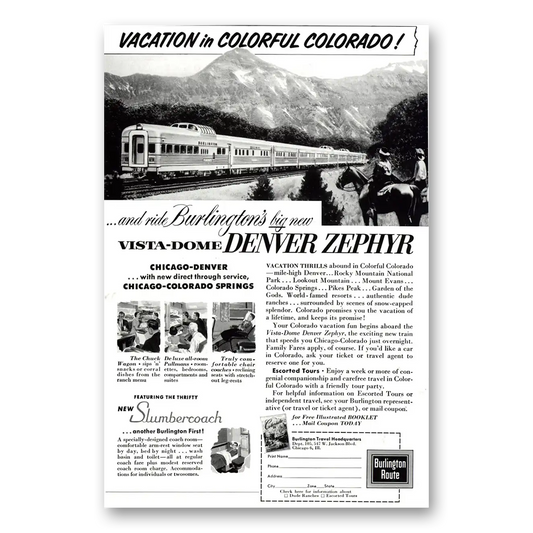 1957 Burlington Route Denver Zephyr Colorado Vintage Magazine Print Ad