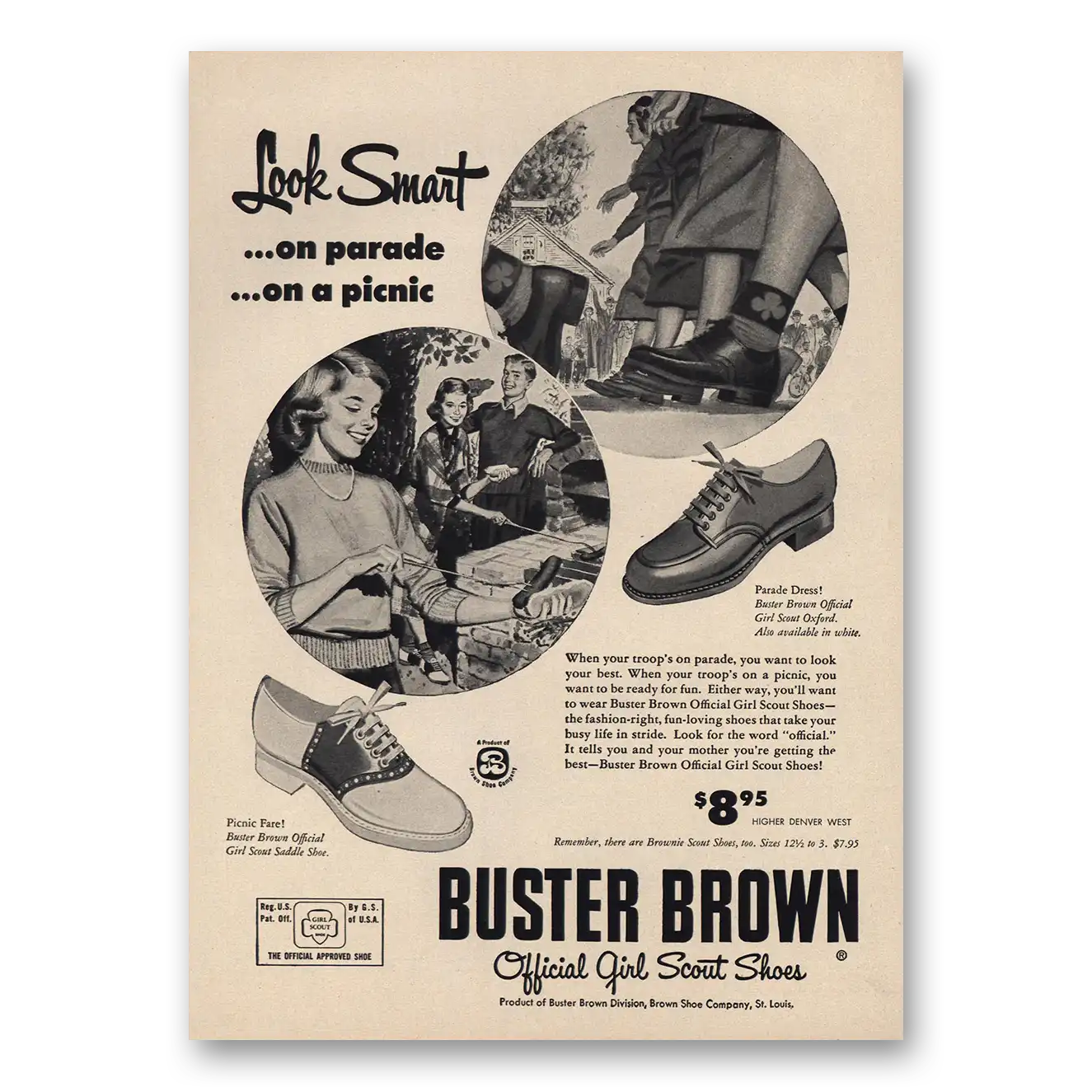 1957 Buster Brown Official Girl Scout Shoes Vintage Magazine Print Ad