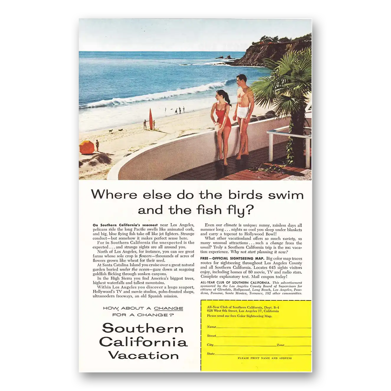 1957 Southern California Birds Swim Fish Fly Vintage Magazine Print Ad