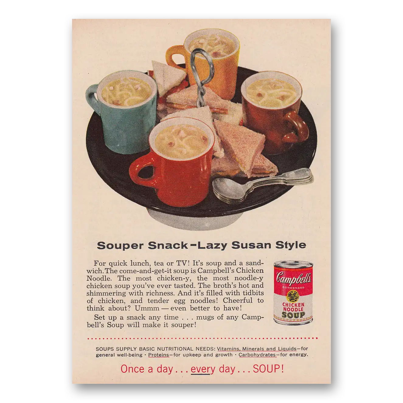 1957 Campbells Chicken Noodle Soup Souper Snack Lazy Susan Style Vintage Magazine Print Ad