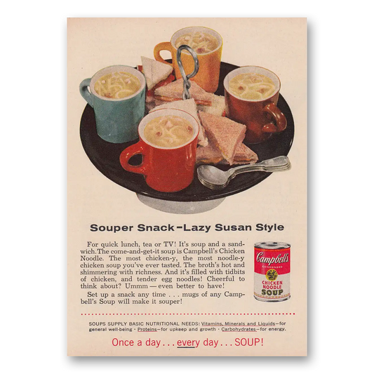 1957 Campbells Chicken Noodle Soup Souper Snack Lazy Susan Style Vintage Magazine Print Ad