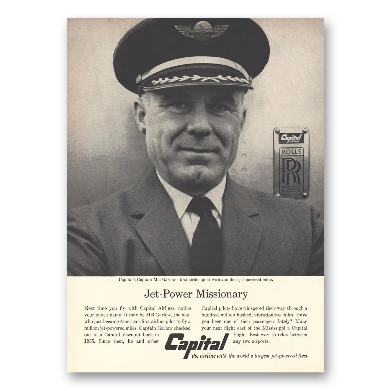 1959 Capital Airlines Jet Power Missionary Captain Mel Garlow Vintage Magazine Print Ad