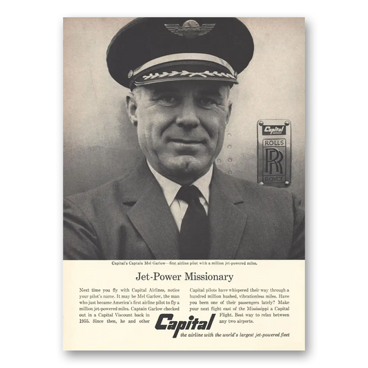 1959 Capital Airlines Jet Power Missionary Captain Mel Garlow Vintage Magazine Print Ad