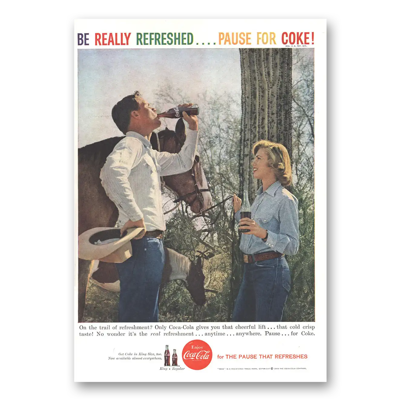 1959 Coca Cola On the Trail of Refreshment Vintage Magazine Print Ad