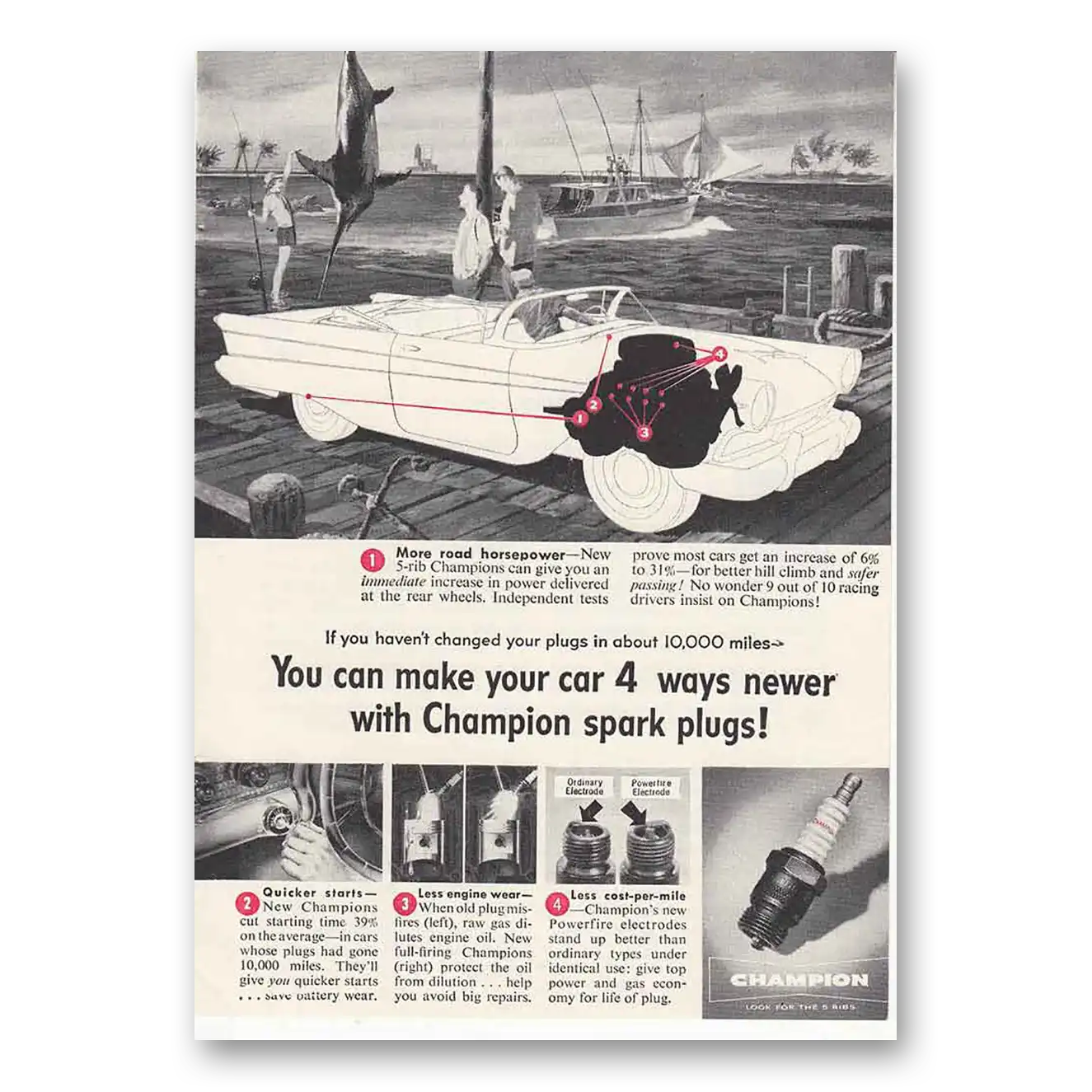 1957 Champion Spark Plugs Car Dock Vintage Magazine Print Ad