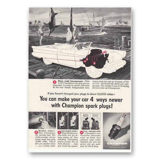 1957 Champion Spark Plugs Car Dock Vintage Magazine Print Ad