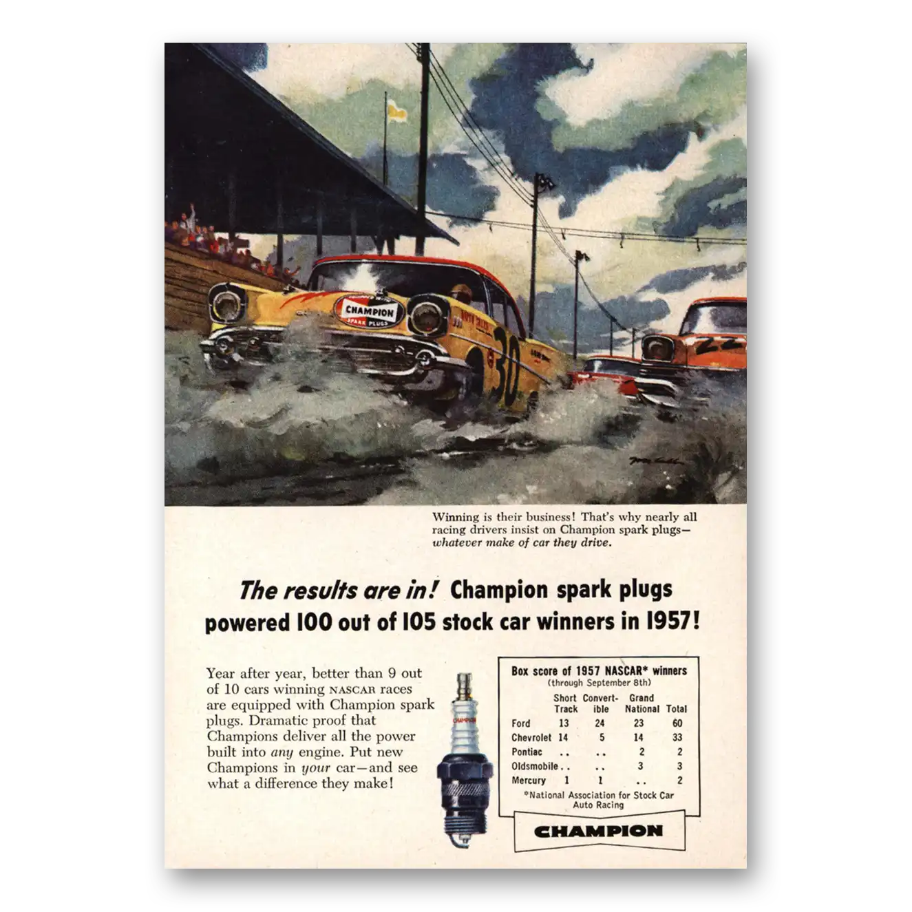 1957 Champion Spark Plugs Stock Car Winners Vintage Magazine Print Ad