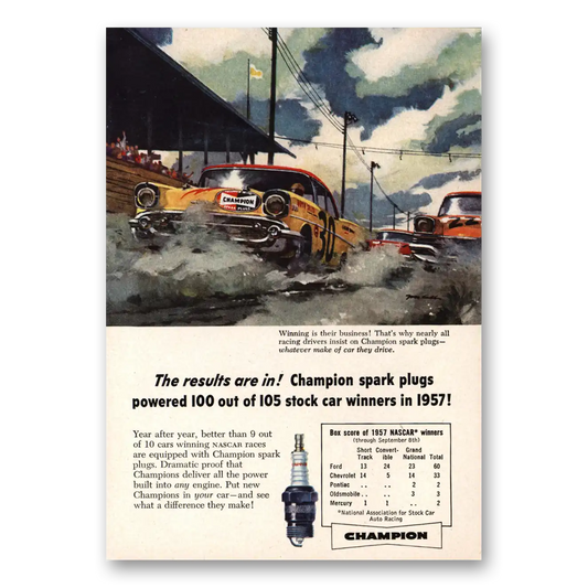 1957 Champion Spark Plugs Stock Car Winners Vintage Magazine Print Ad