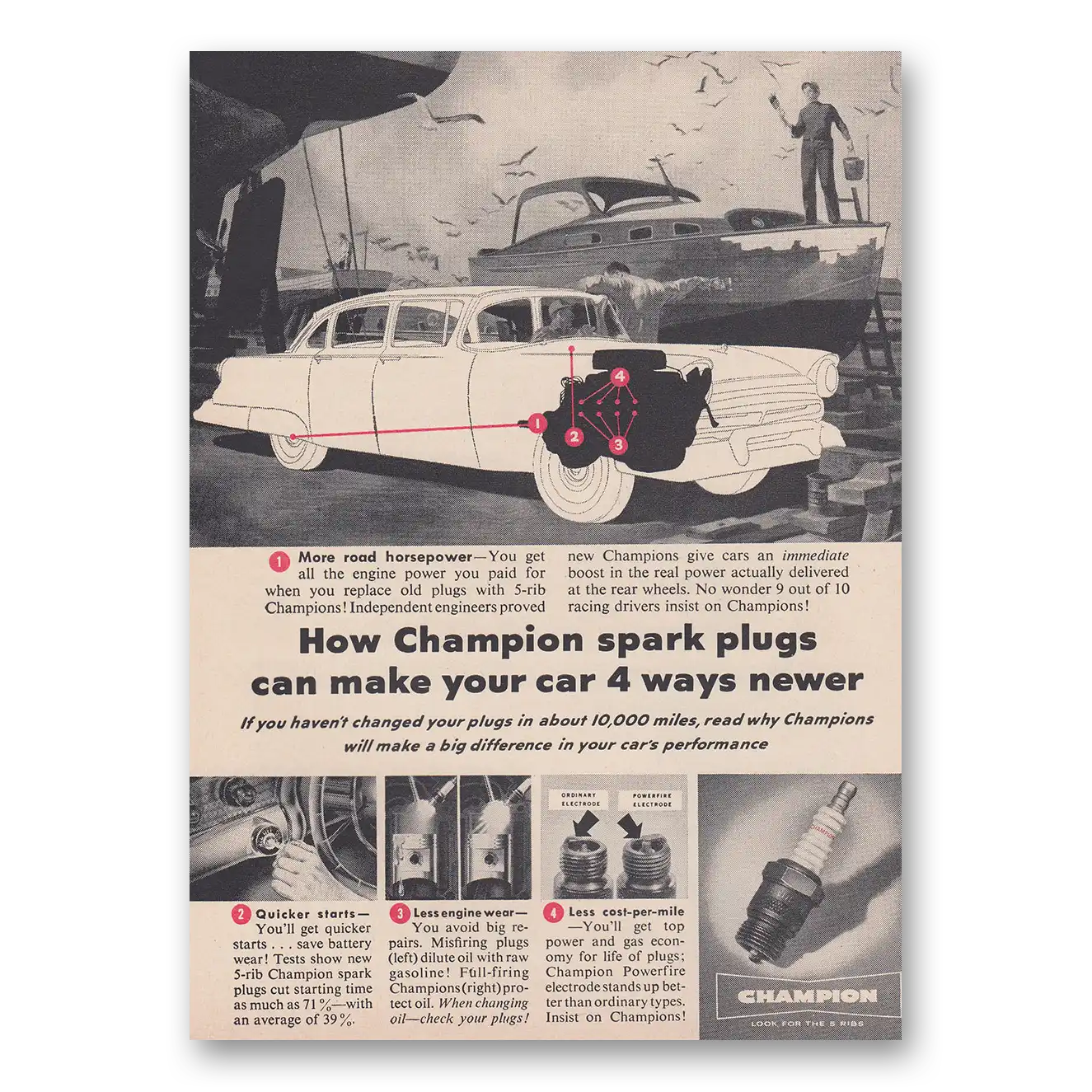 1957 Champion Spark Plugs Can Make Your Car 4 Ways Newer Vintage Magazine Print Ad