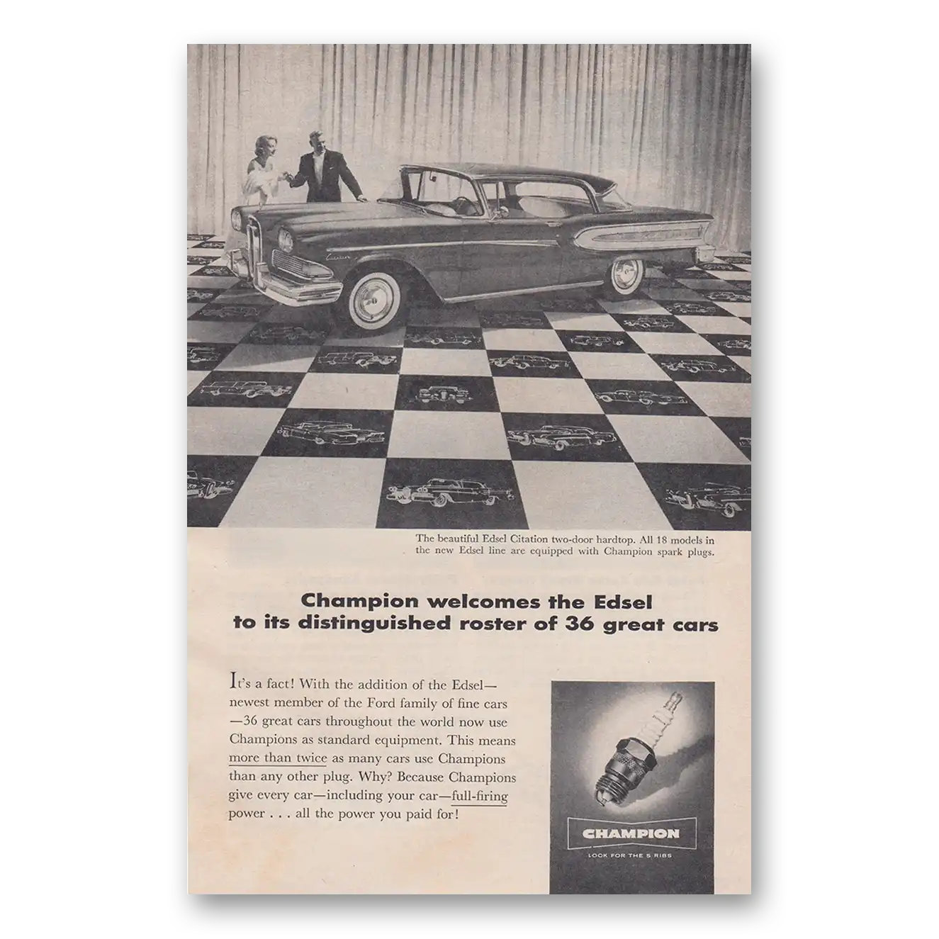 1957 Champion Spark Plugs Edsel Citation Vintage Magazine Print Ad