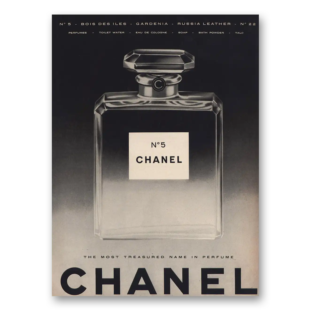 1957 Chanel No 5 Bois Des Iles Gardenia Russia Leather Vintage Magazine Print Ad