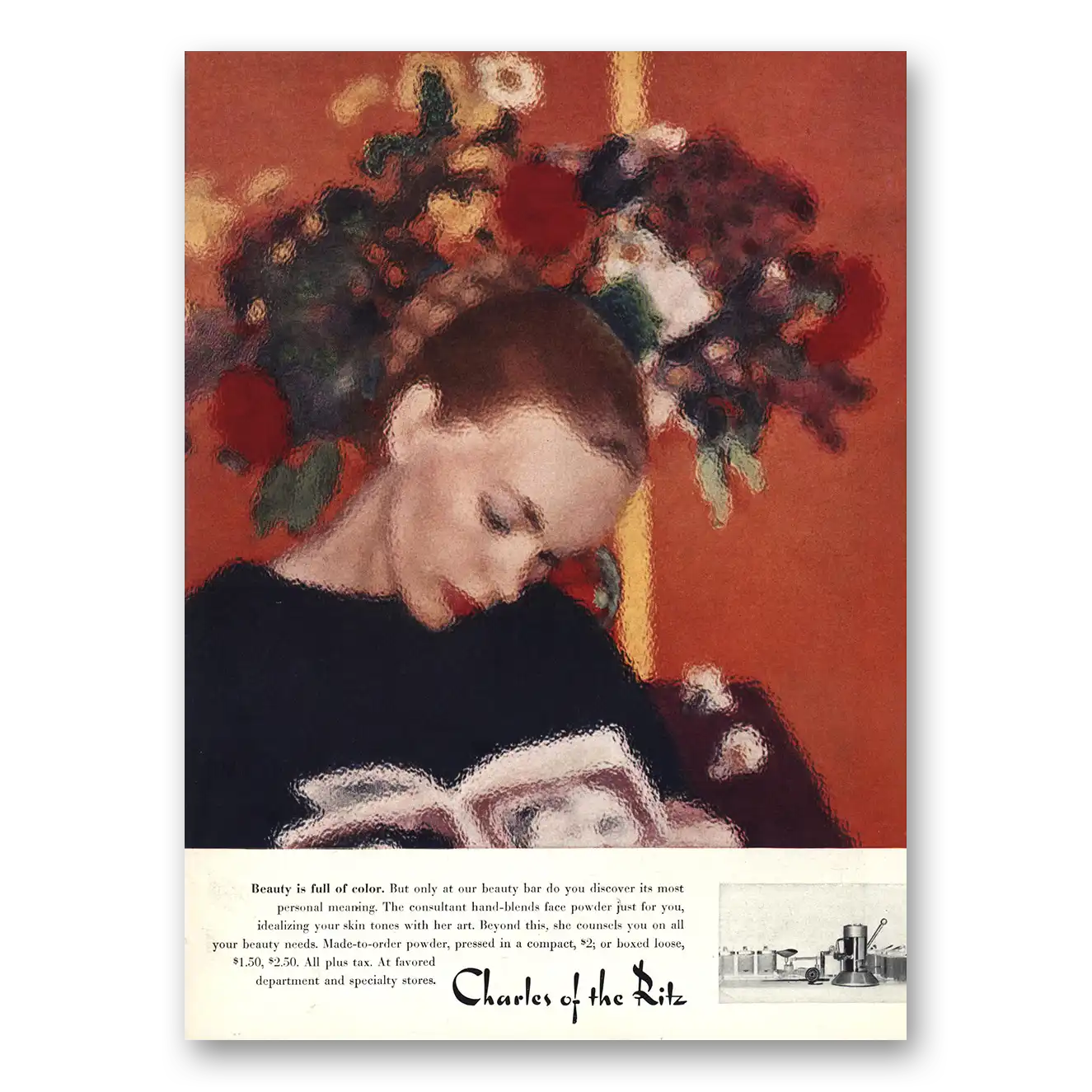 1957 Charles of the Ritz Cosmetics Beauty Is Full of Color Vintage Magazine Print Ad