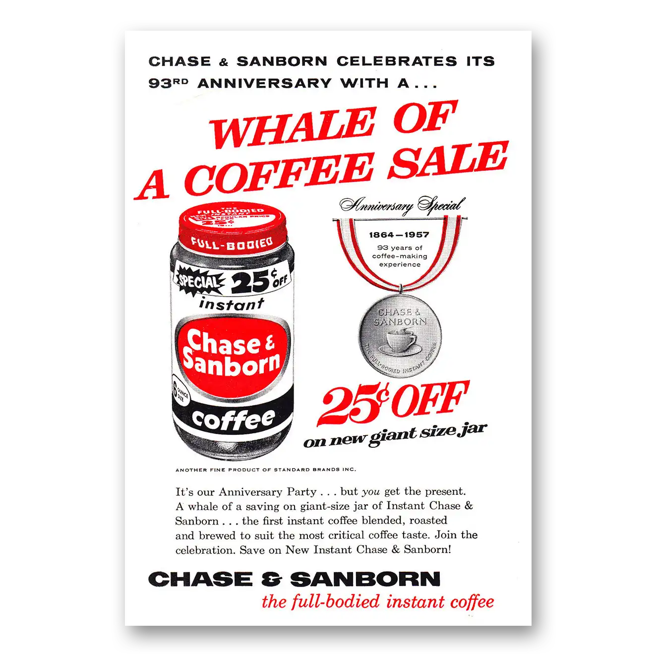 1957 Chase & Sanborn Coffee Whale of Coffee Sale Vintage Magazine Print Ad