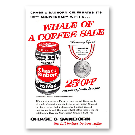 1957 Chase & Sanborn Coffee Whale of Coffee Sale Vintage Magazine Print Ad