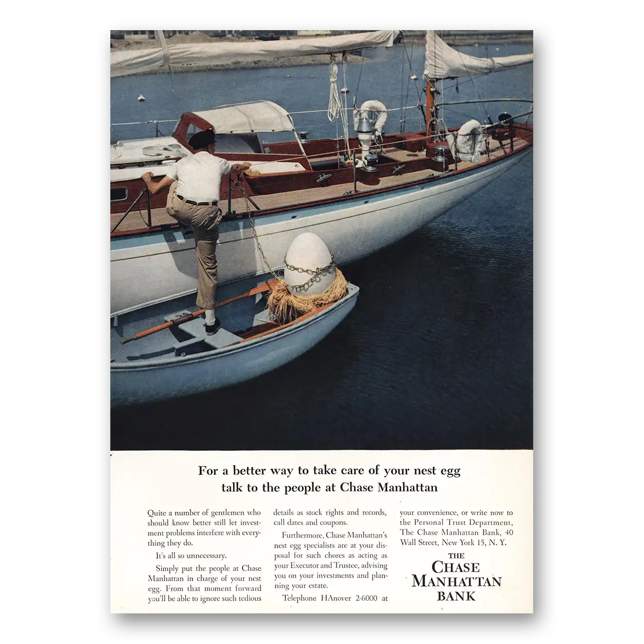 1957 Chase Manhattan Bank Better Way Nest Egg Boat Vintage Magazine Print Ad