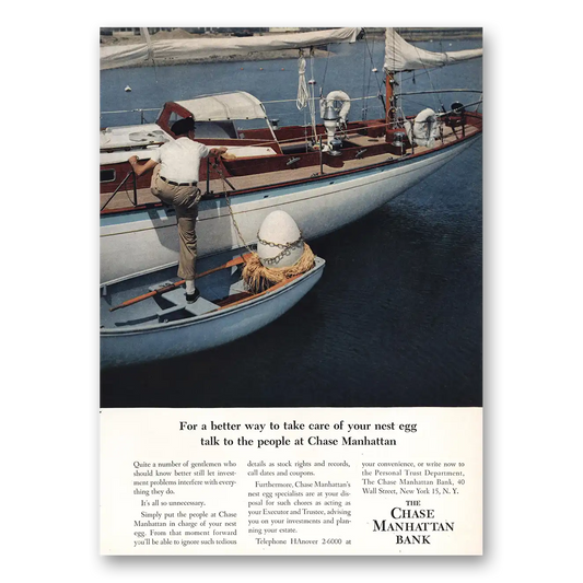 1957 Chase Manhattan Bank Better Way Nest Egg Boat Vintage Magazine Print Ad