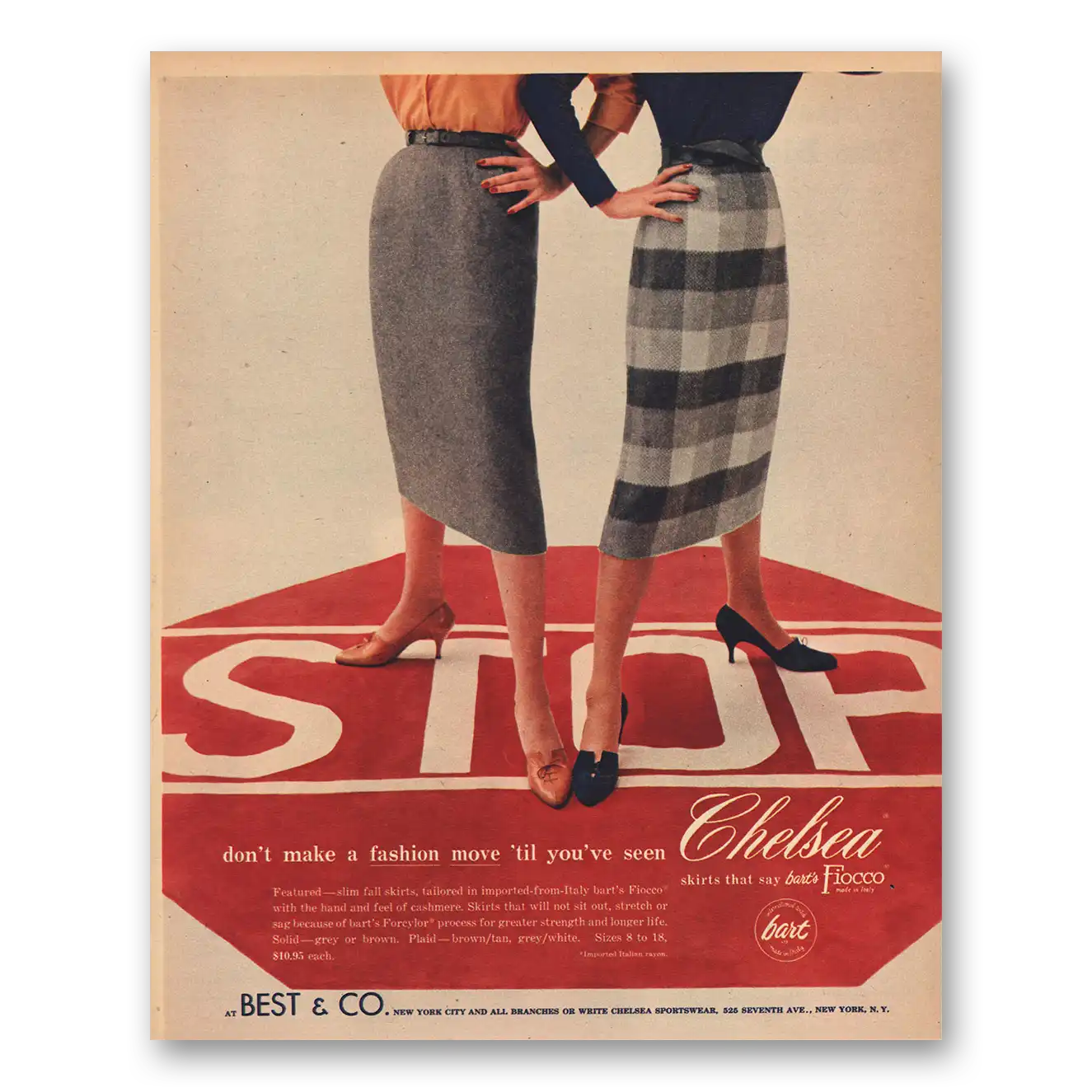 1957 Chelsea Skirts Stop Don’t Make Fashion Move Vintage Magazine Print Ad