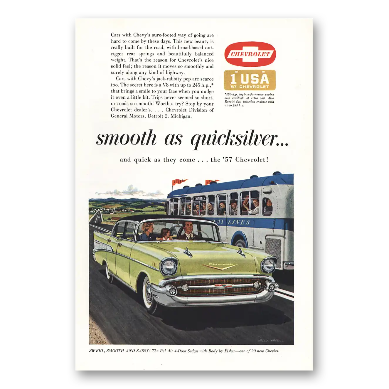 1957 Chevrolet Bel Air Smooth as Quicksilver Vintage Magazine Print Ad