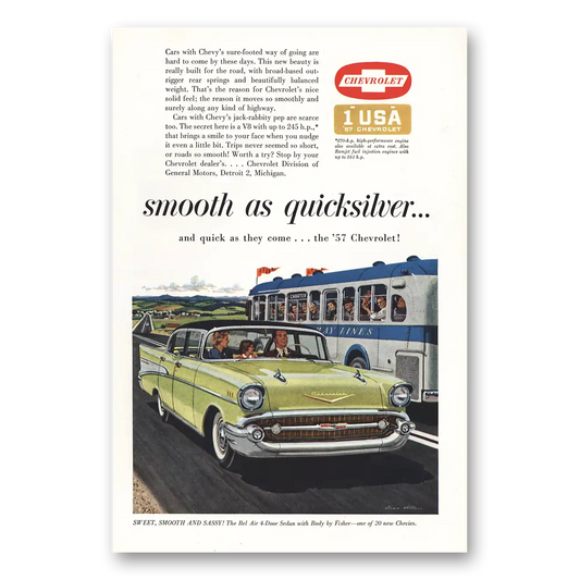 1957 Chevrolet Bel Air Smooth as Quicksilver Vintage Magazine Print Ad