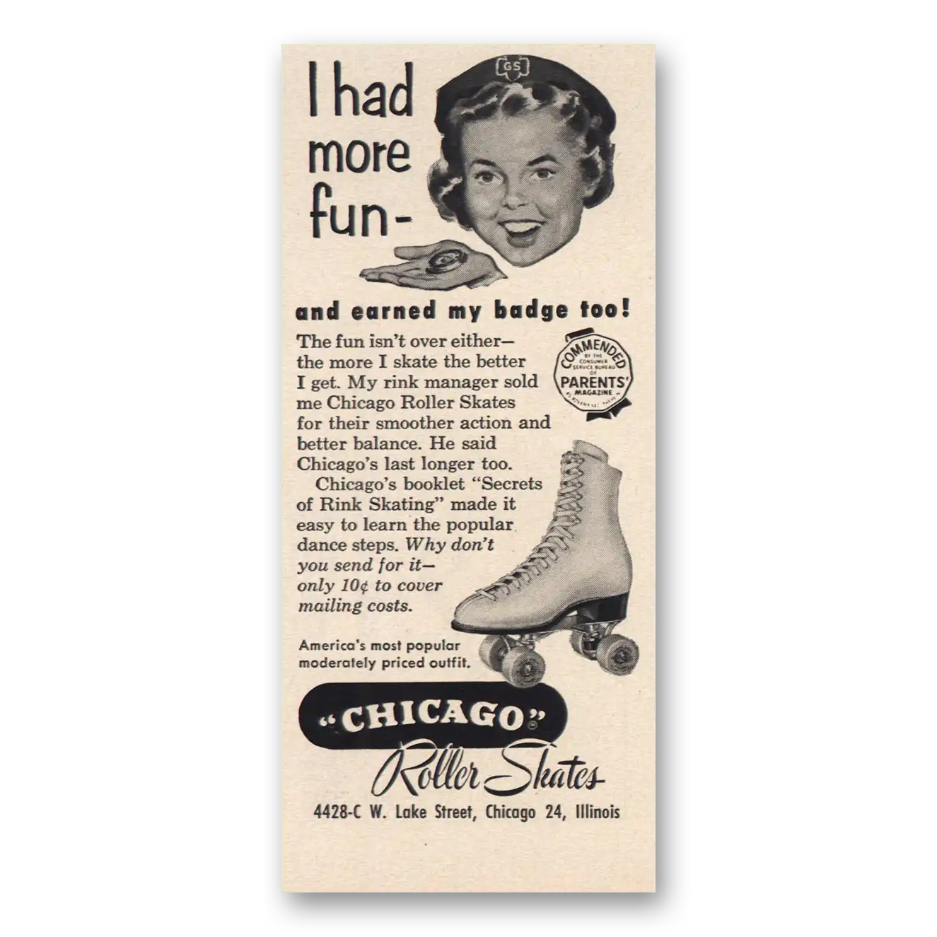 1957 Chicago Roller Skate Girl Scout Earned Badge Vintage Magazine Print Ad