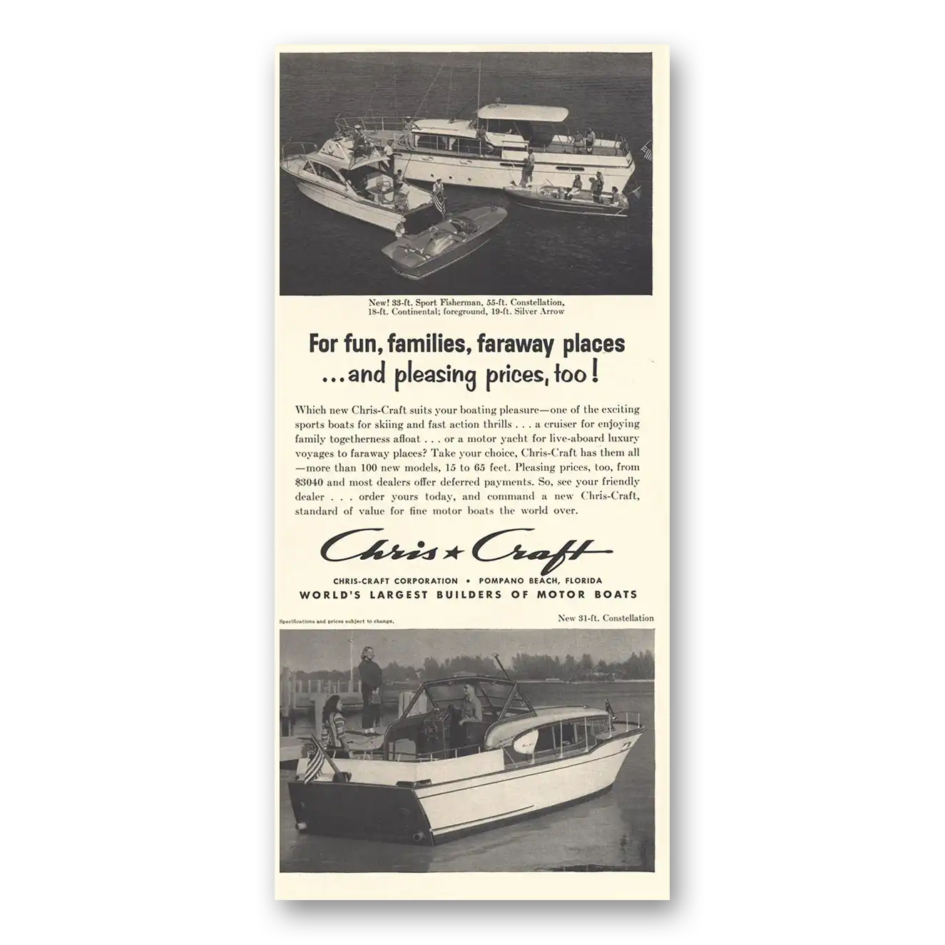 1959 Chris Craft For Fun Families Faraway Places Vintage Magazine Print Ad