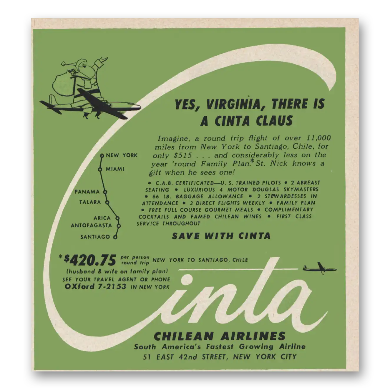 1957 Cinta Chilean Airlines Yes Virginia There Is a Cinta Claus Vintage Magazine Print Ad