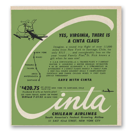 1957 Cinta Chilean Airlines Yes Virginia There Is a Cinta Claus Vintage Magazine Print Ad