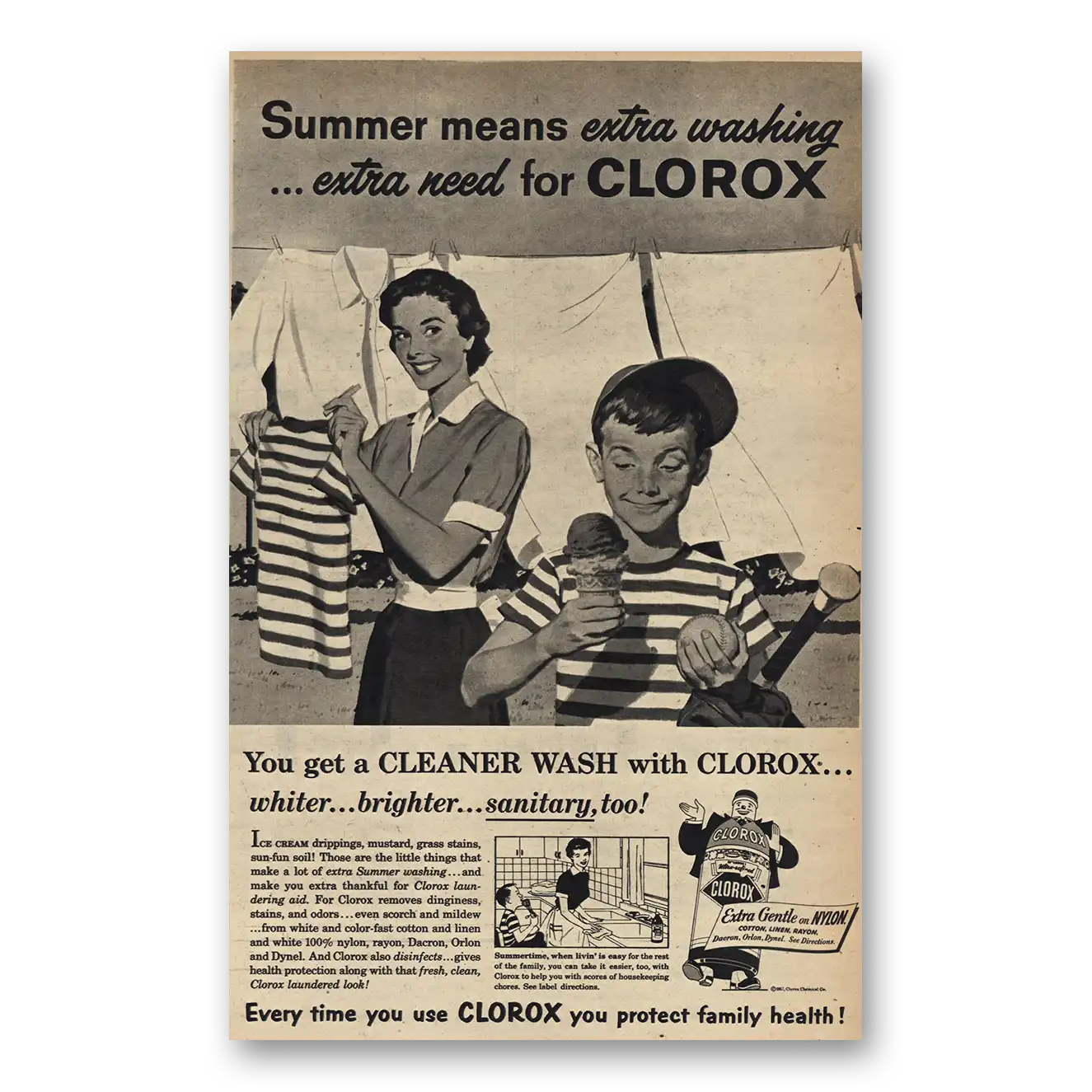 1957 Clorox Summer Means Extra Washing Vintage Magazine Print Ad