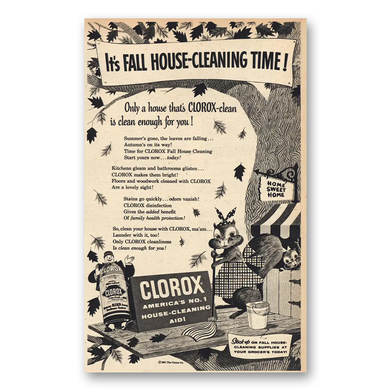 1957 Clorox Fall House Cleaning Time Vintage Magazine Print Ad