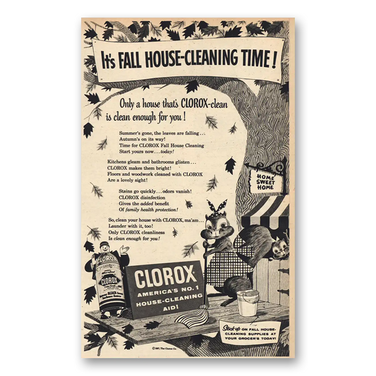 1957 Clorox Fall House Cleaning Time Vintage Magazine Print Ad